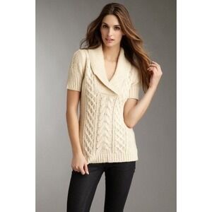 BCBGMAXAZRIA Womens Cream Cable Knit Shawl Collar Short Sleeve Sweater Size S